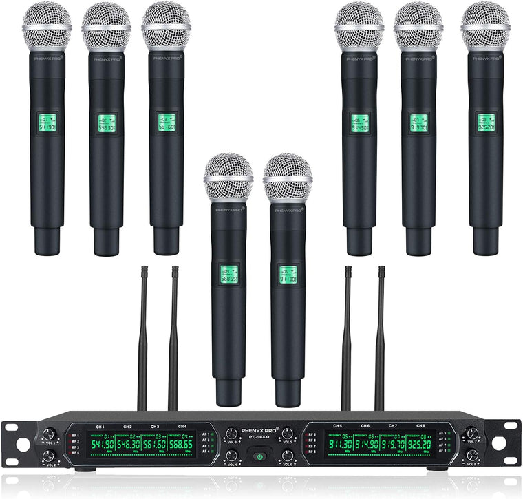 Phenyx Pro PTU-4000A 8-Channel UHF Wireless Microphone System with Eight Handheld Mics, 260ft Range, Fixed Frequency, and All-Metal Construction